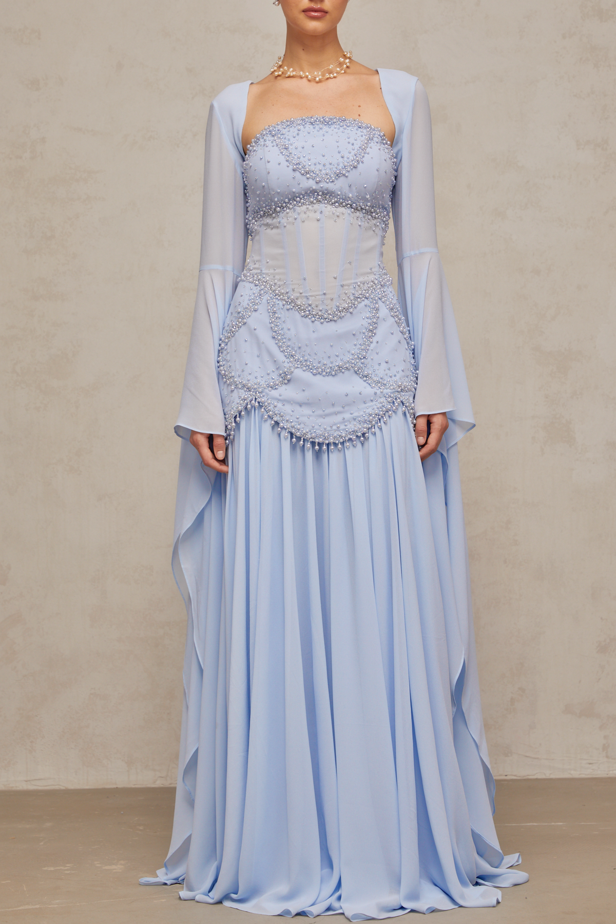 Gaëlle faux-pearl-embellished pleated maxi dress in Light-blue