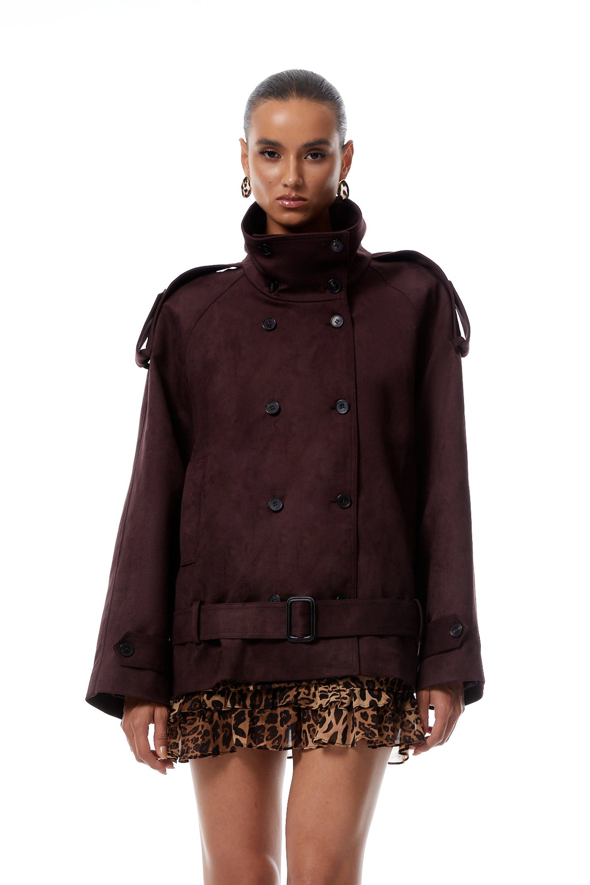Flavia Burgundy Belted Suede Trench Coat (Final Sale)