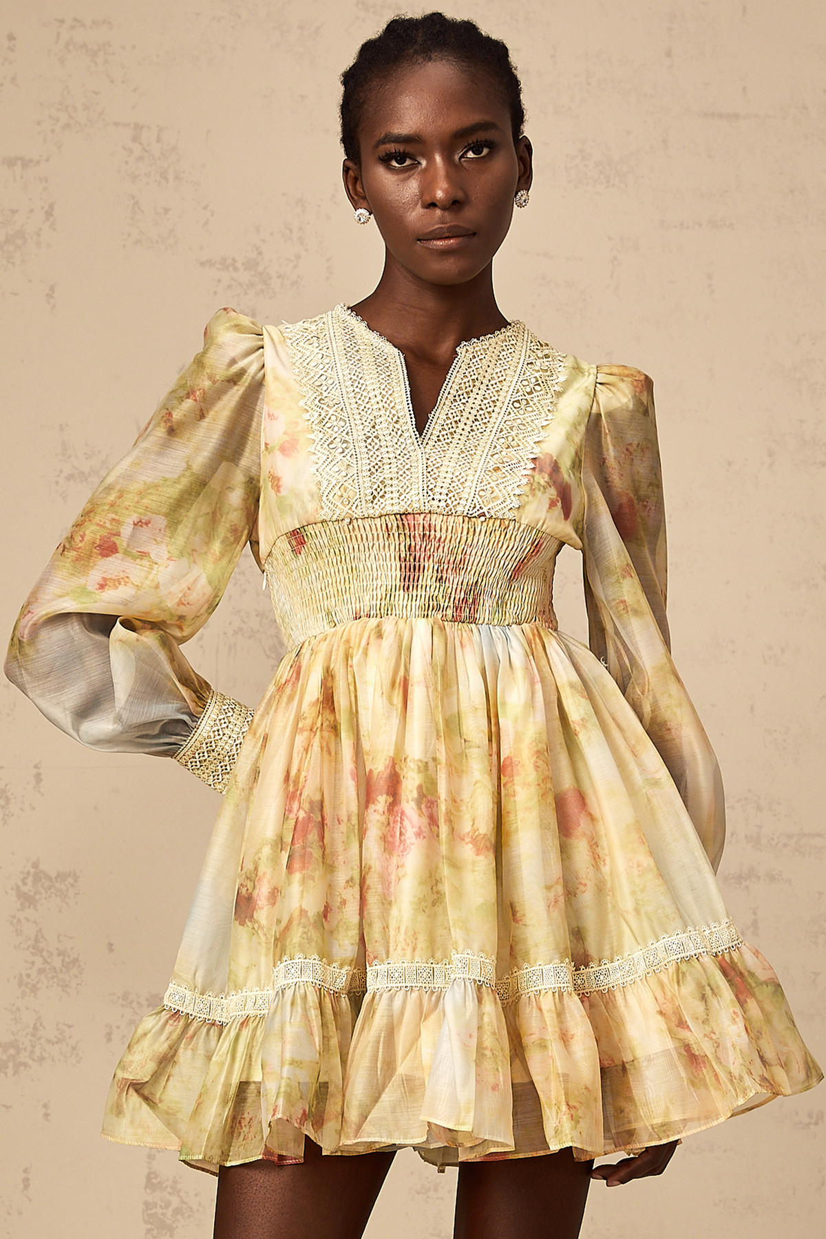 Olivia yellow lace-panelling floral-print mini dress