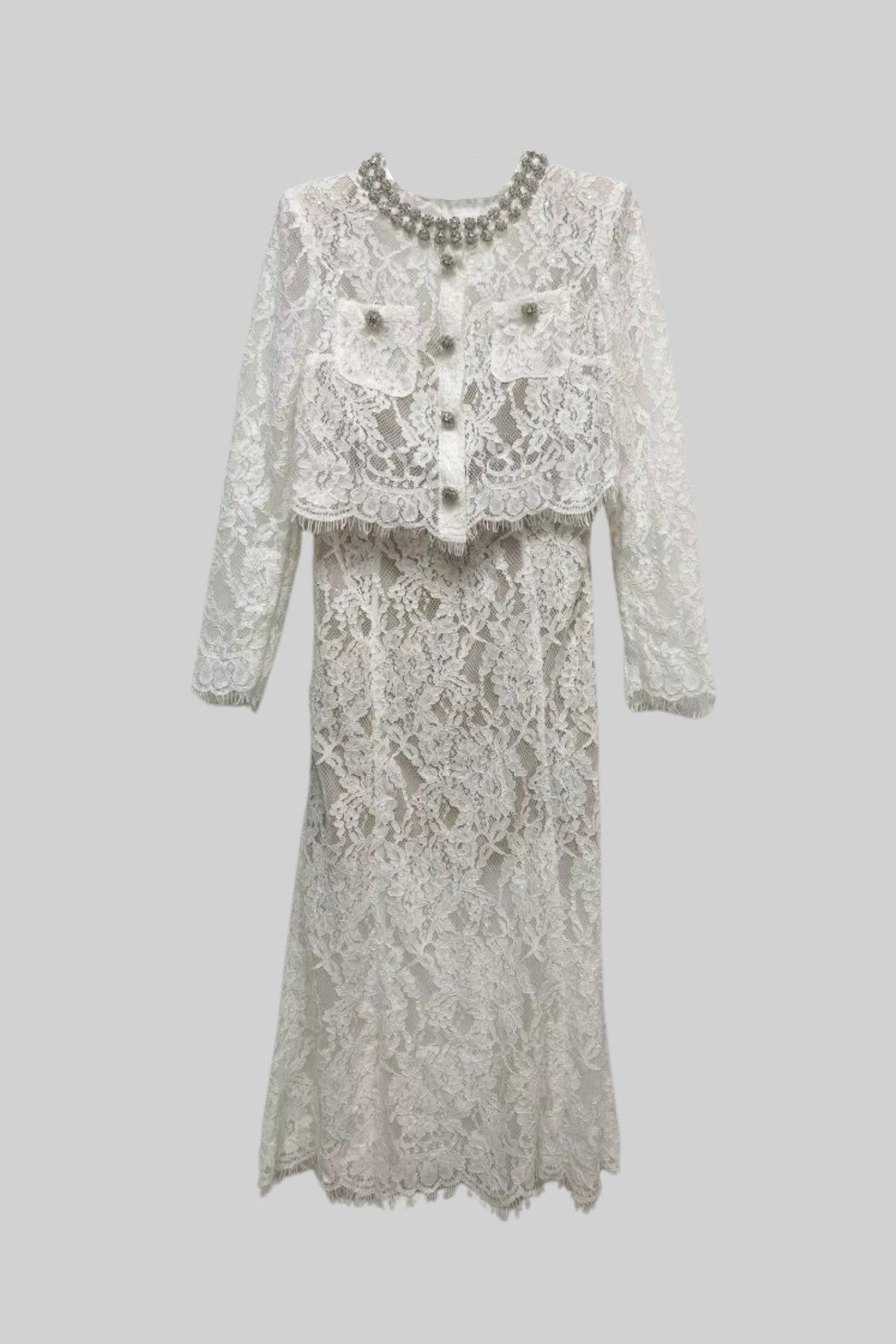Lace Co-Ord With Sparkling Neckline Embellishments And Midi Skirt - White