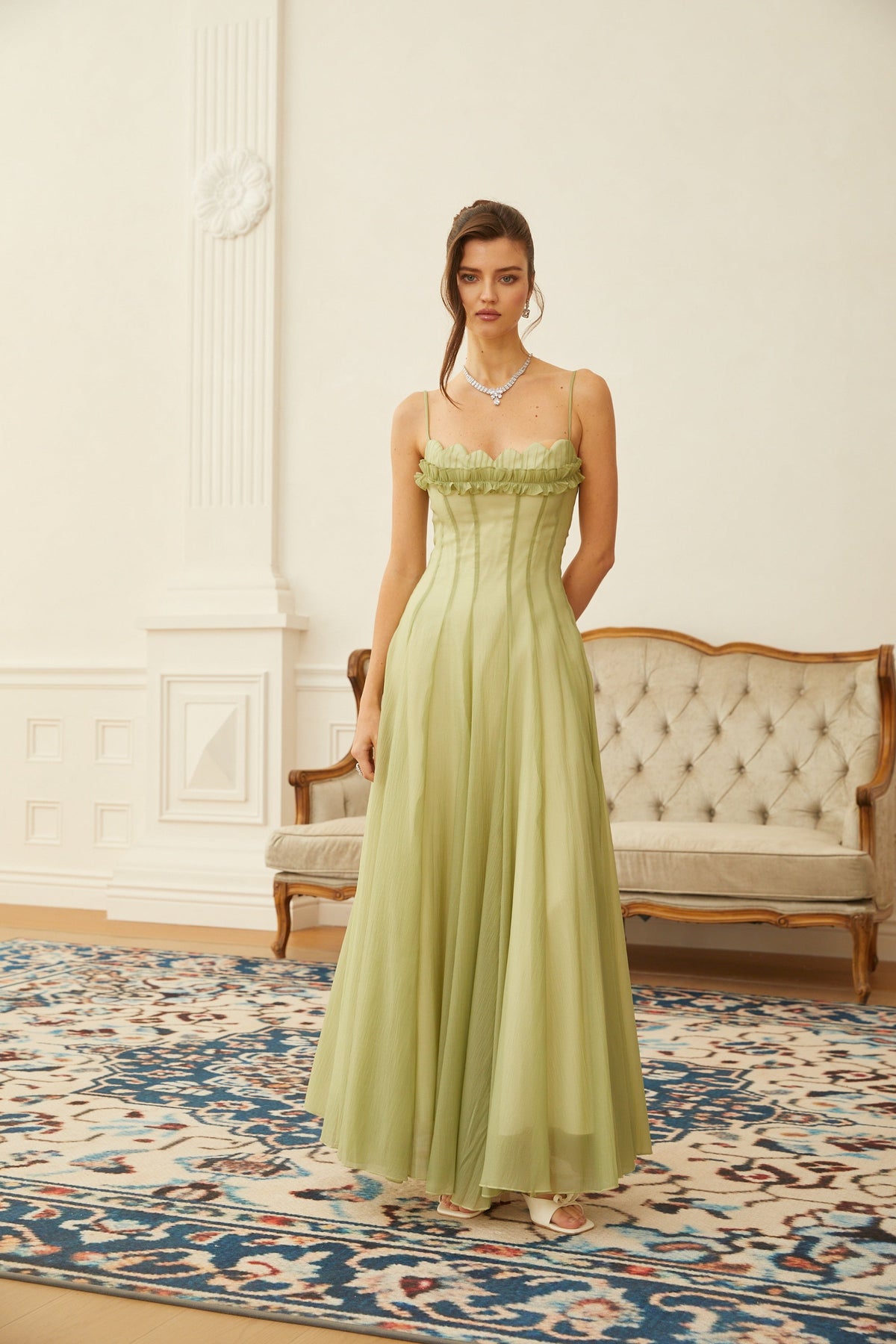 Seraphina Ruffled Shirred Tulle Maxi Dress