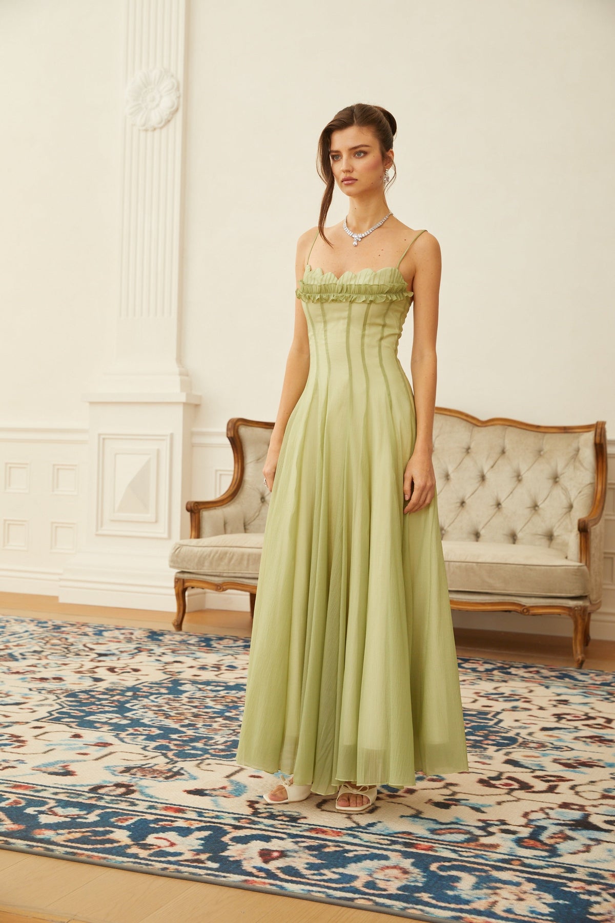 Seraphina Ruffled Shirred Tulle Maxi Dress