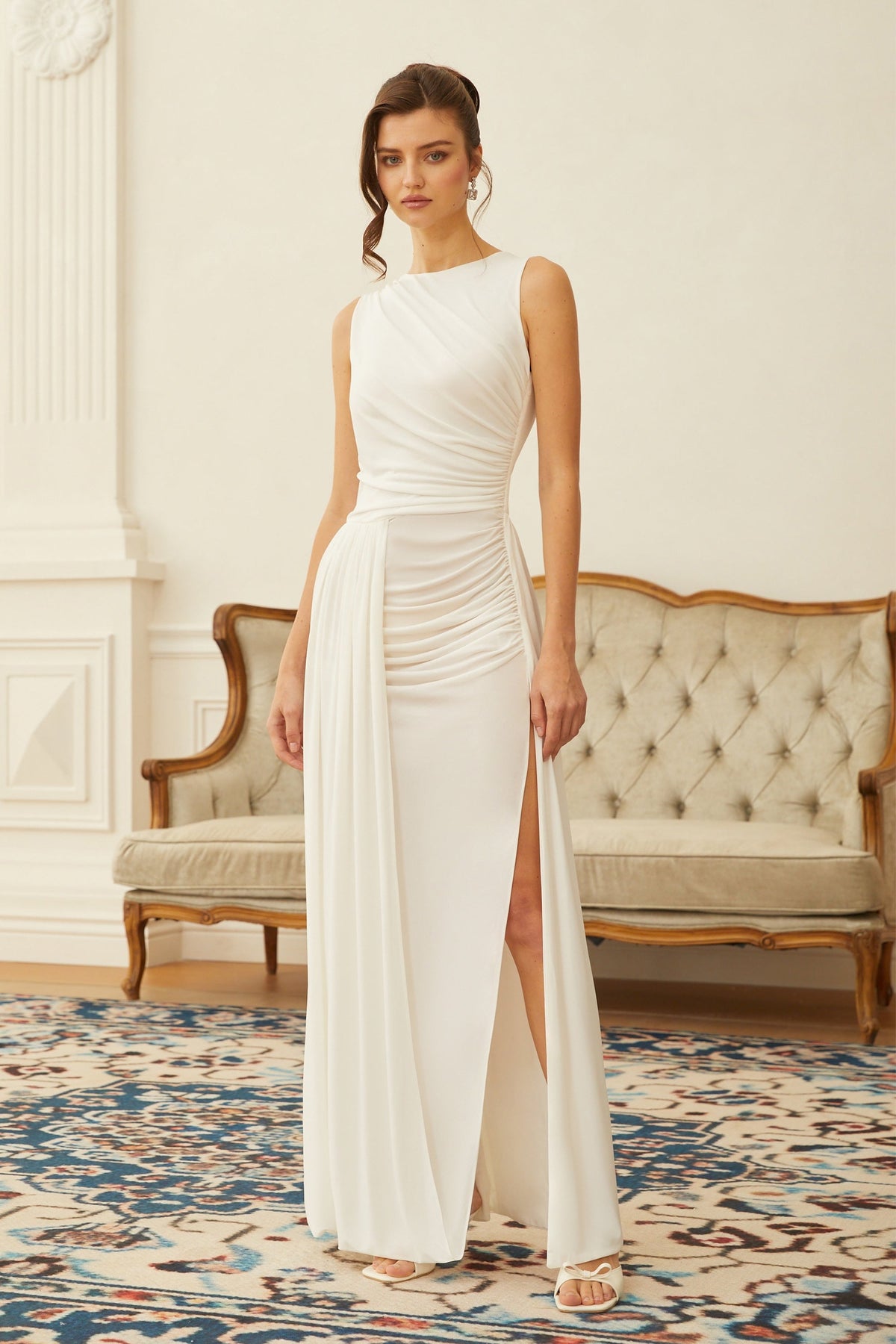 Willow White High Slit Gathered Maxi Dress (Final Sale)