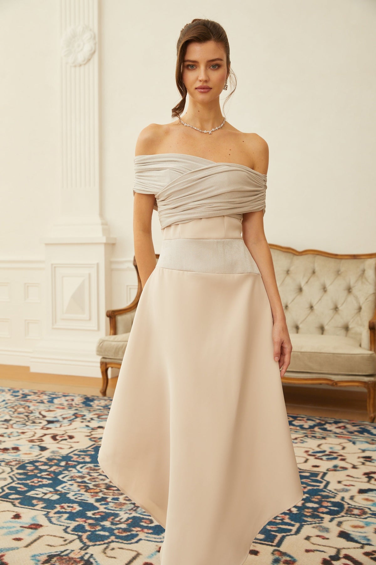 Aigline Neutral Asymmetrical Ruched Midi Dress