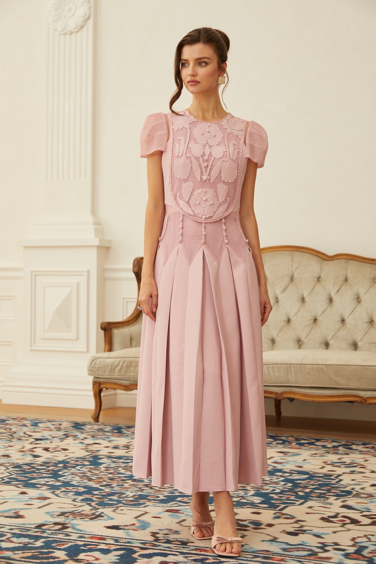 Maelle Pink Flower Embroidered Maxi Dress