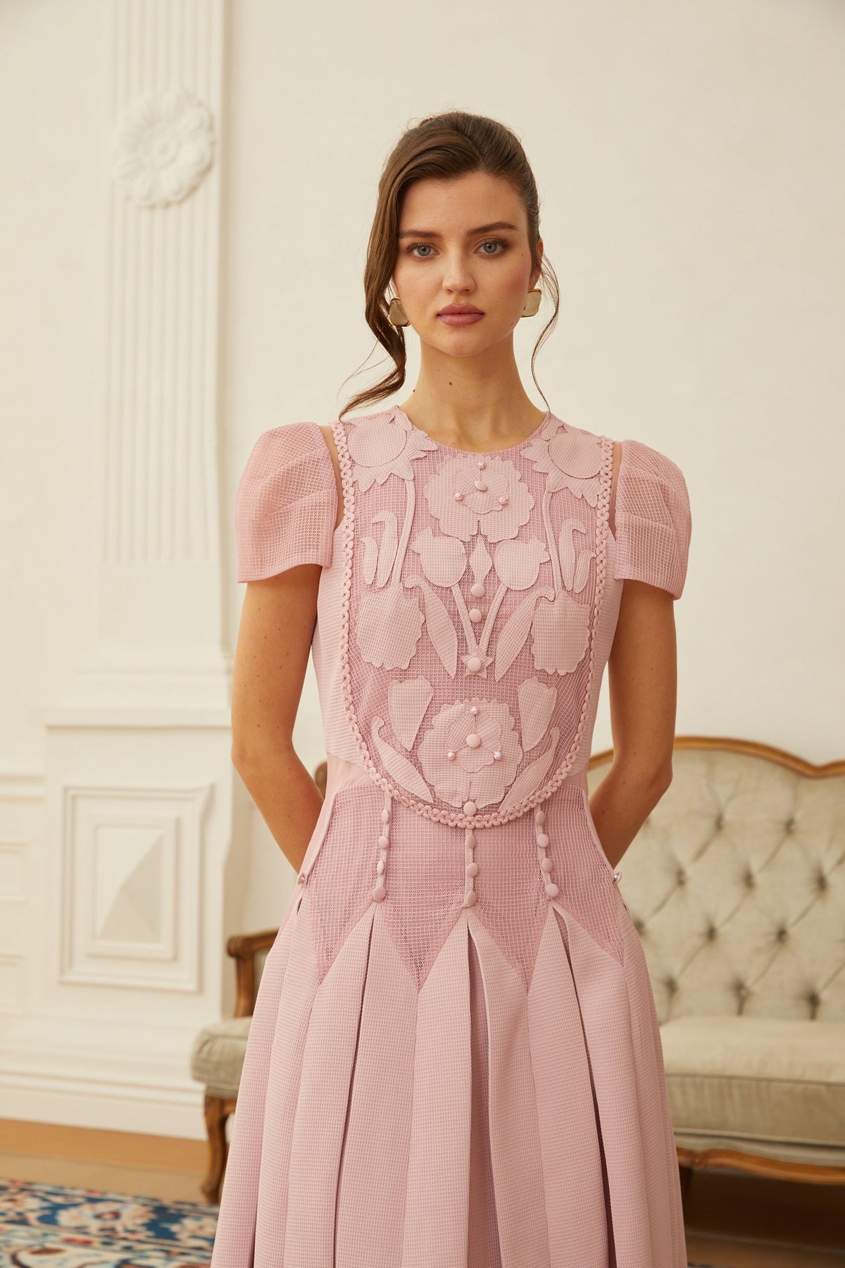 Maelle Pink Flower Embroidered Maxi Dress
