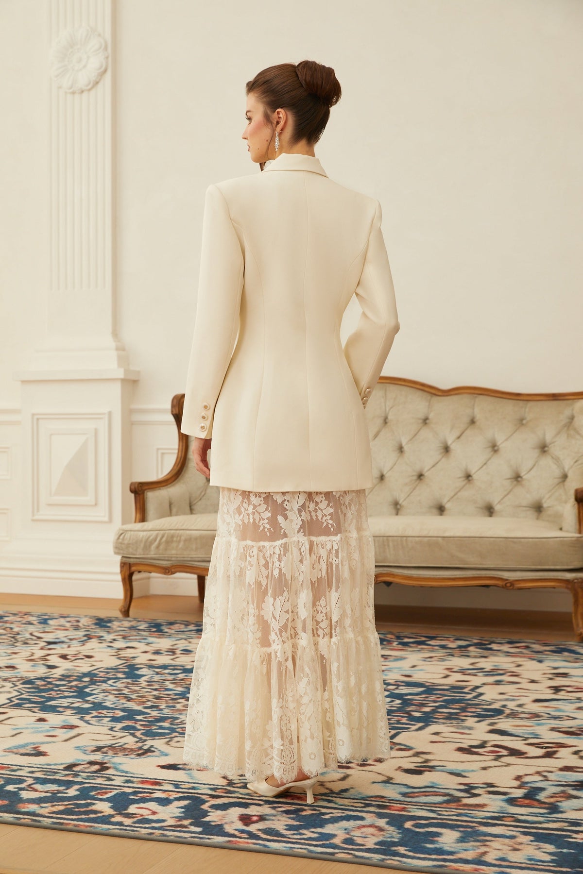 Liliana White Double-Breasted Blazer & Lace Skirt Set