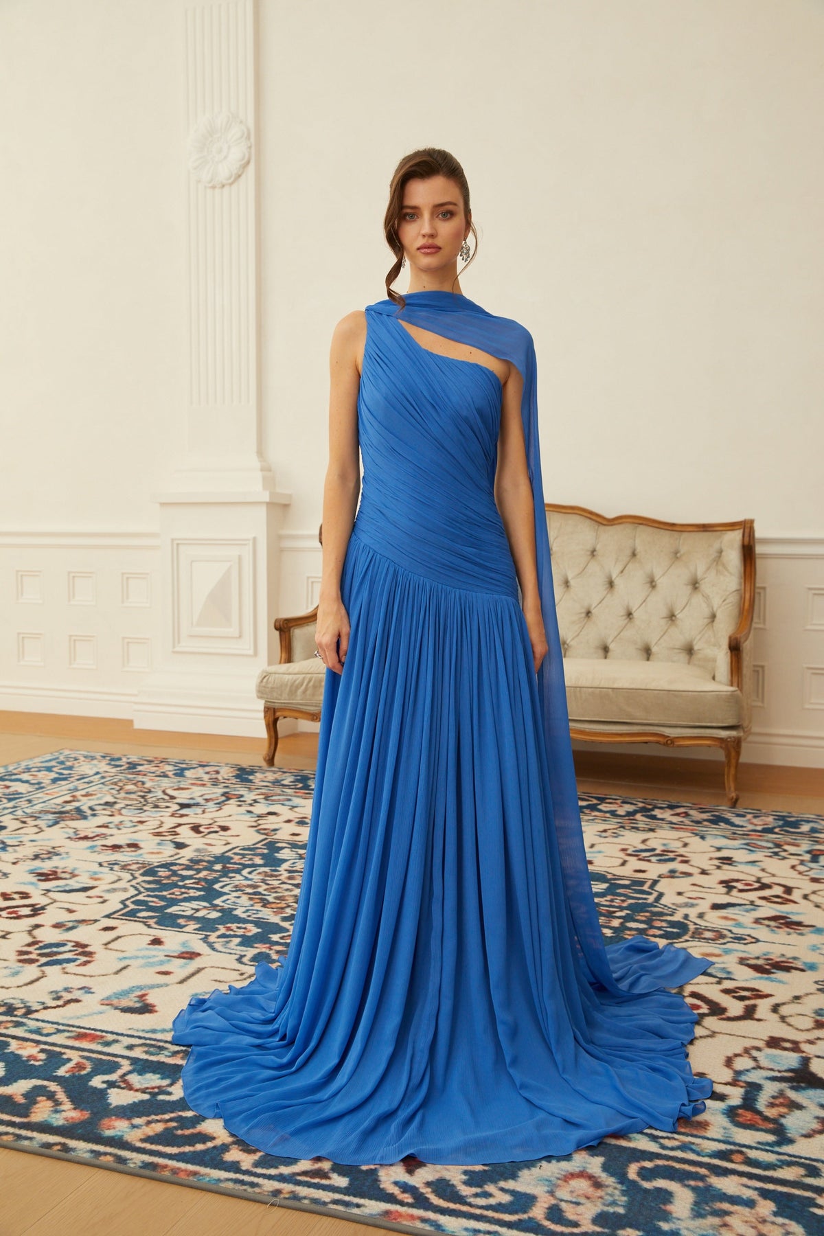 Faustine Blue Cape Design Ruched Maxi Dress (Final Sale-US Only)