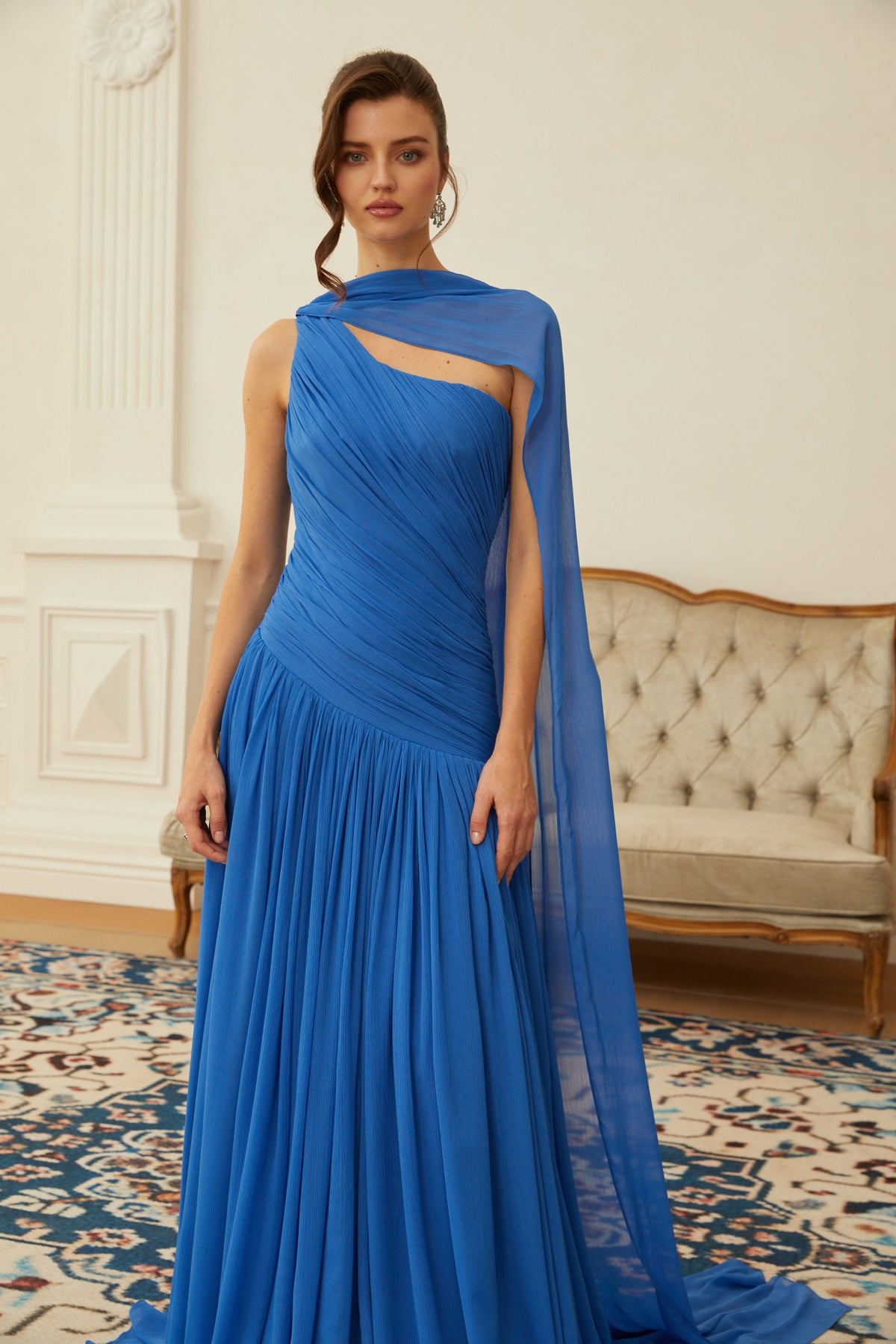 Faustine Blue Cape Design Ruched Maxi Dress (Final Sale-US Only)