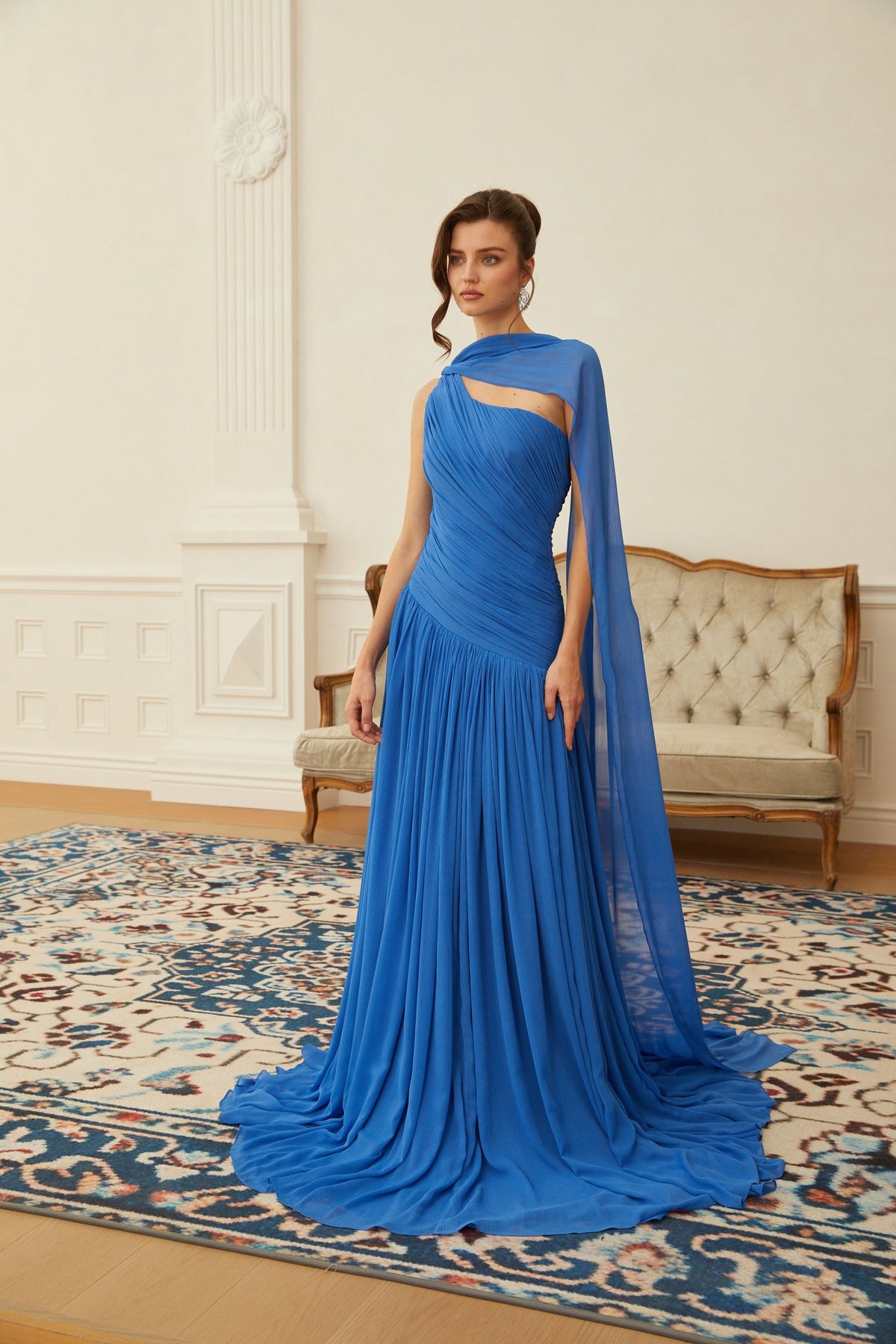 Faustine Blue Cape Design Ruched Maxi Dress (Final Sale-US Only)