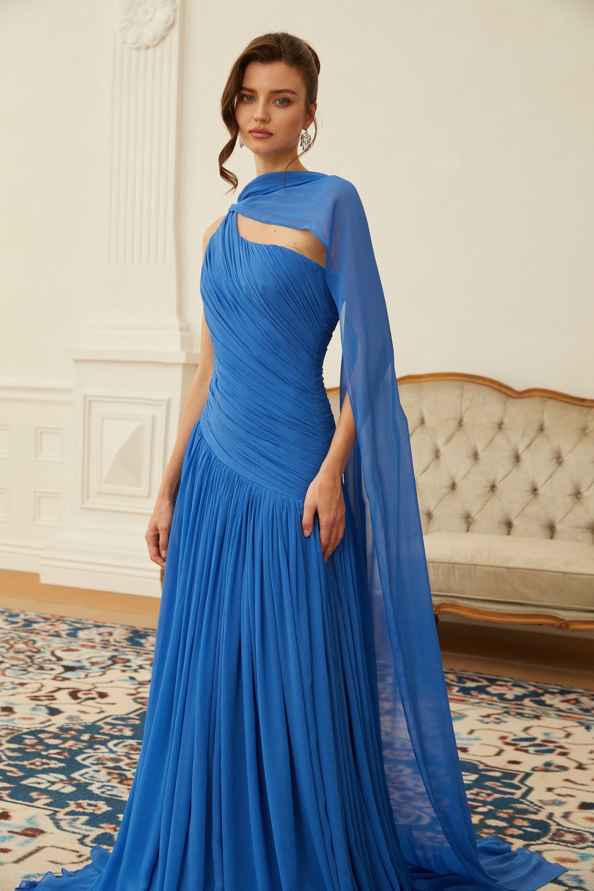 Faustine Blue Cape Design Ruched Maxi Dress (Final Sale-US Only)