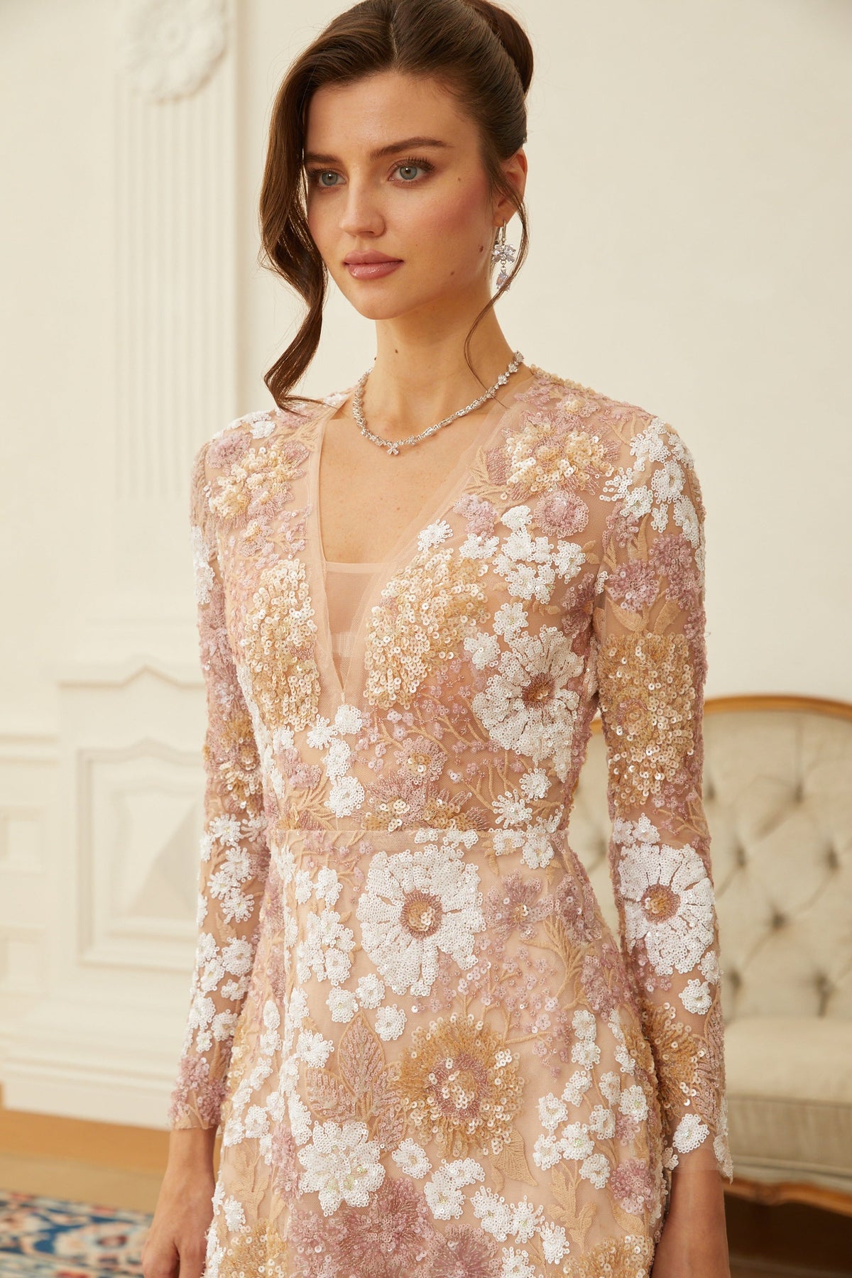 Hilma Neutral Sequined Floral Tulle Mini Dress (Final Sale-US Only)