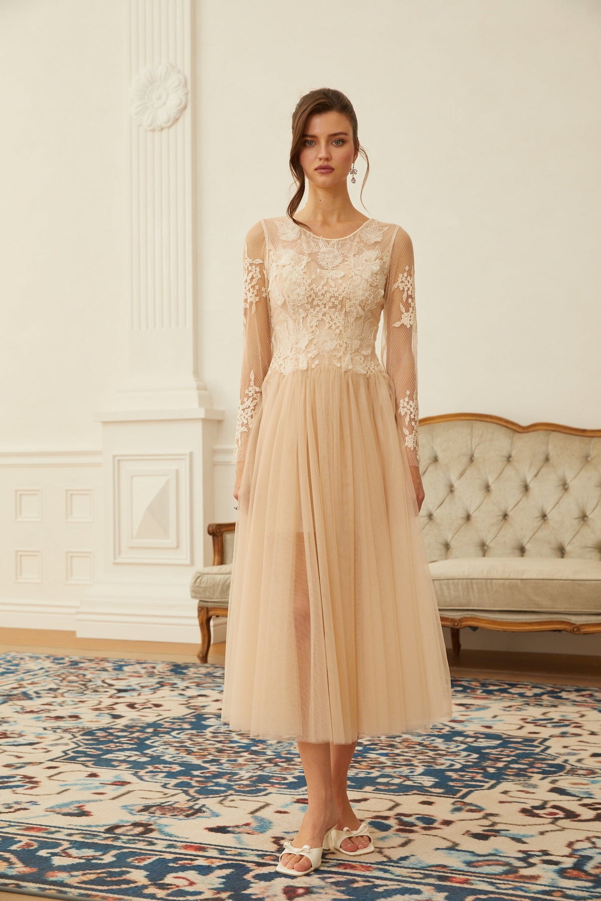 Aviana Neutral Lace Panel Tulle Midi Dress (Final Sale)