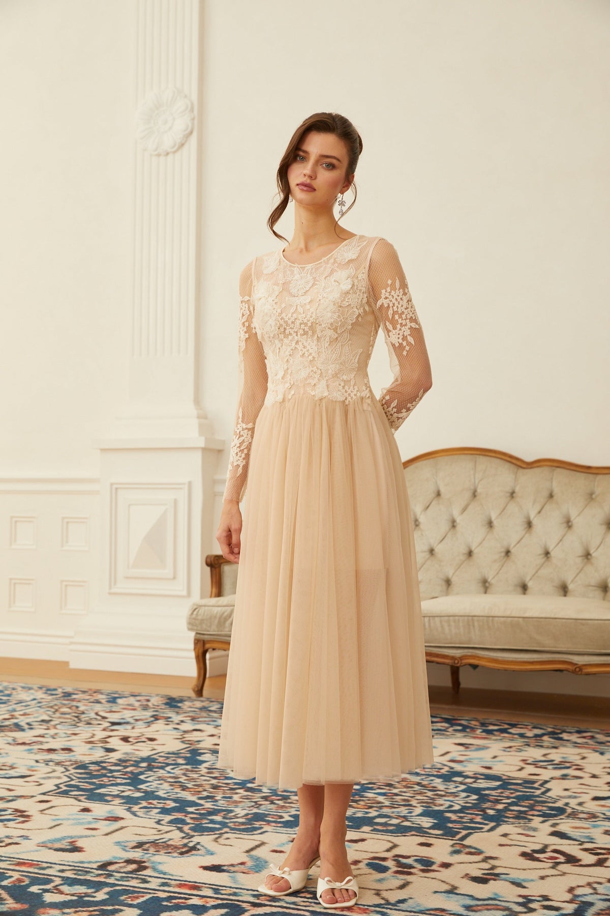 Aviana Neutral Lace Panel Tulle Midi Dress (Final Sale)