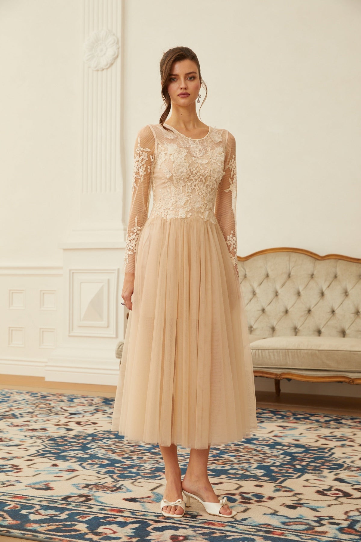 Aviana Neutral Lace Panel Tulle Midi Dress (Final Sale)