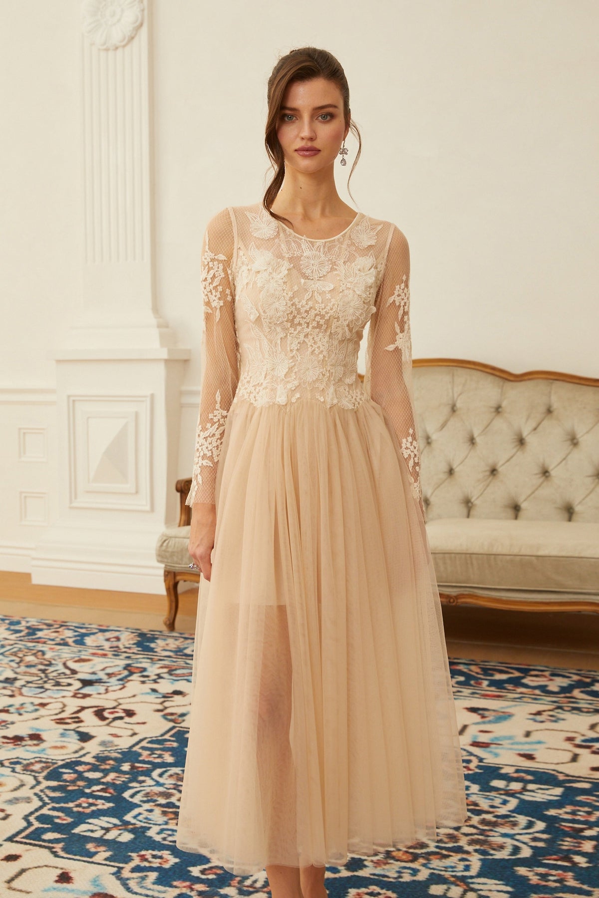 Aviana Neutral Lace Panel Tulle Midi Dress (Final Sale)