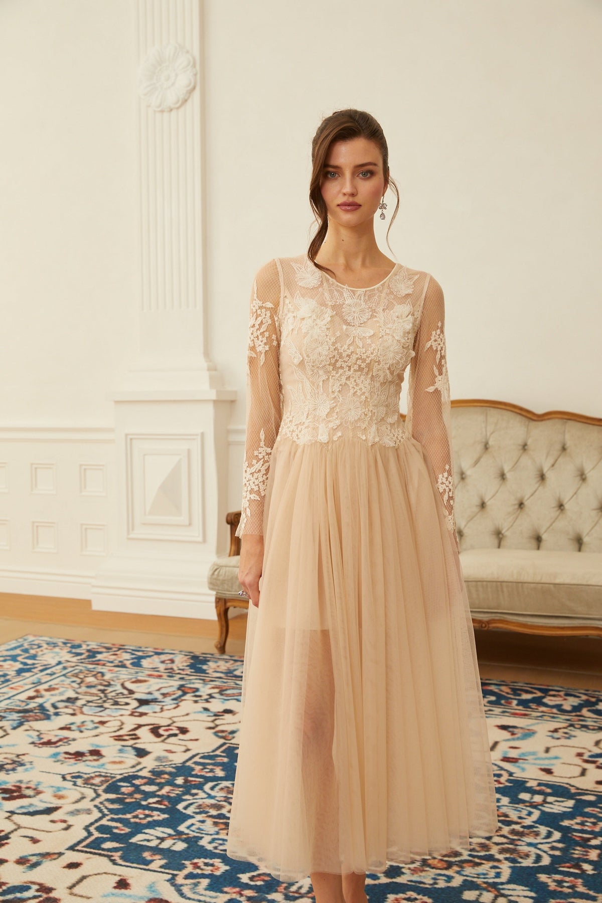 Aviana Neutral Lace Panel Tulle Midi Dress