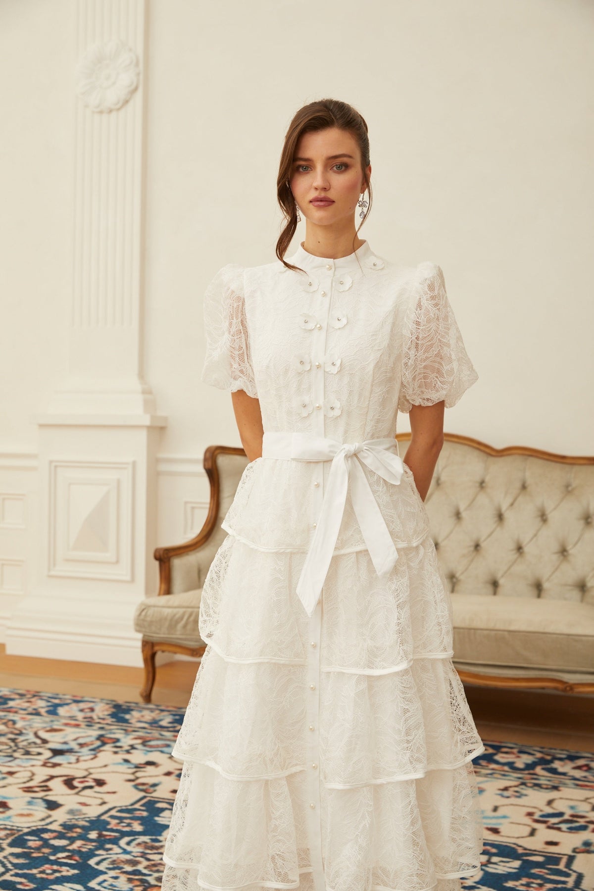 Verity White Floral Lace Tiered Maxi Dress