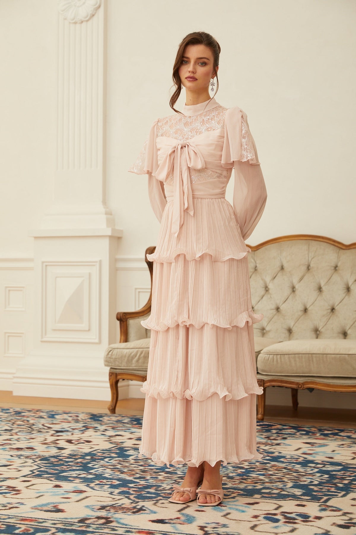 Adelaide Pink Lace Panel Tiered Maxi Dress