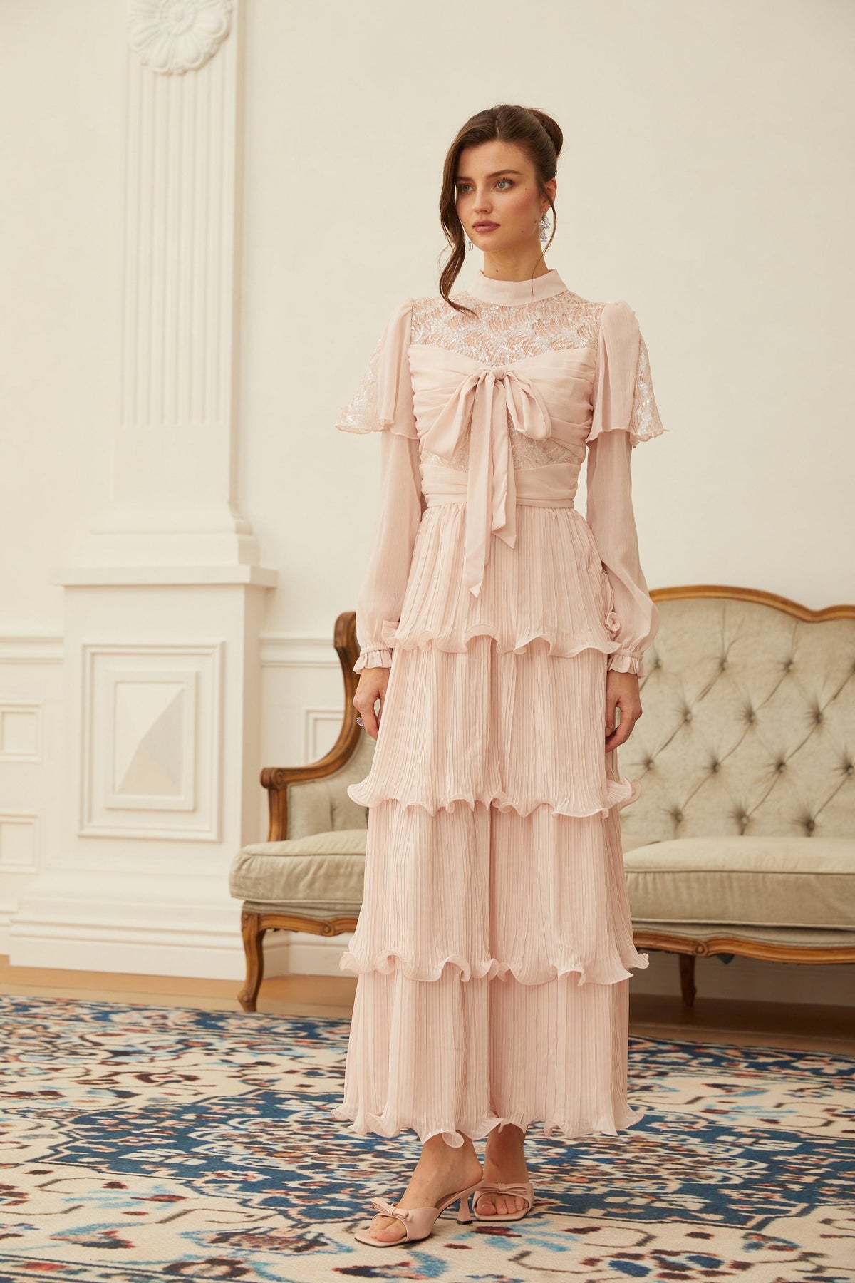 Adelaide Pink Lace Panel Tiered Maxi Dress