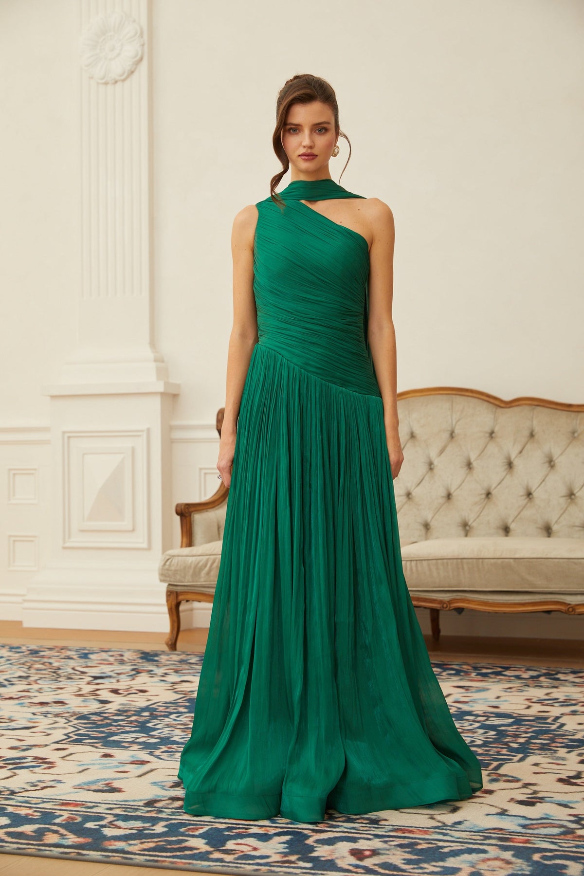 Emerald Green One Shoulder Ruched Maxi Dress (Final Sale-US Only)