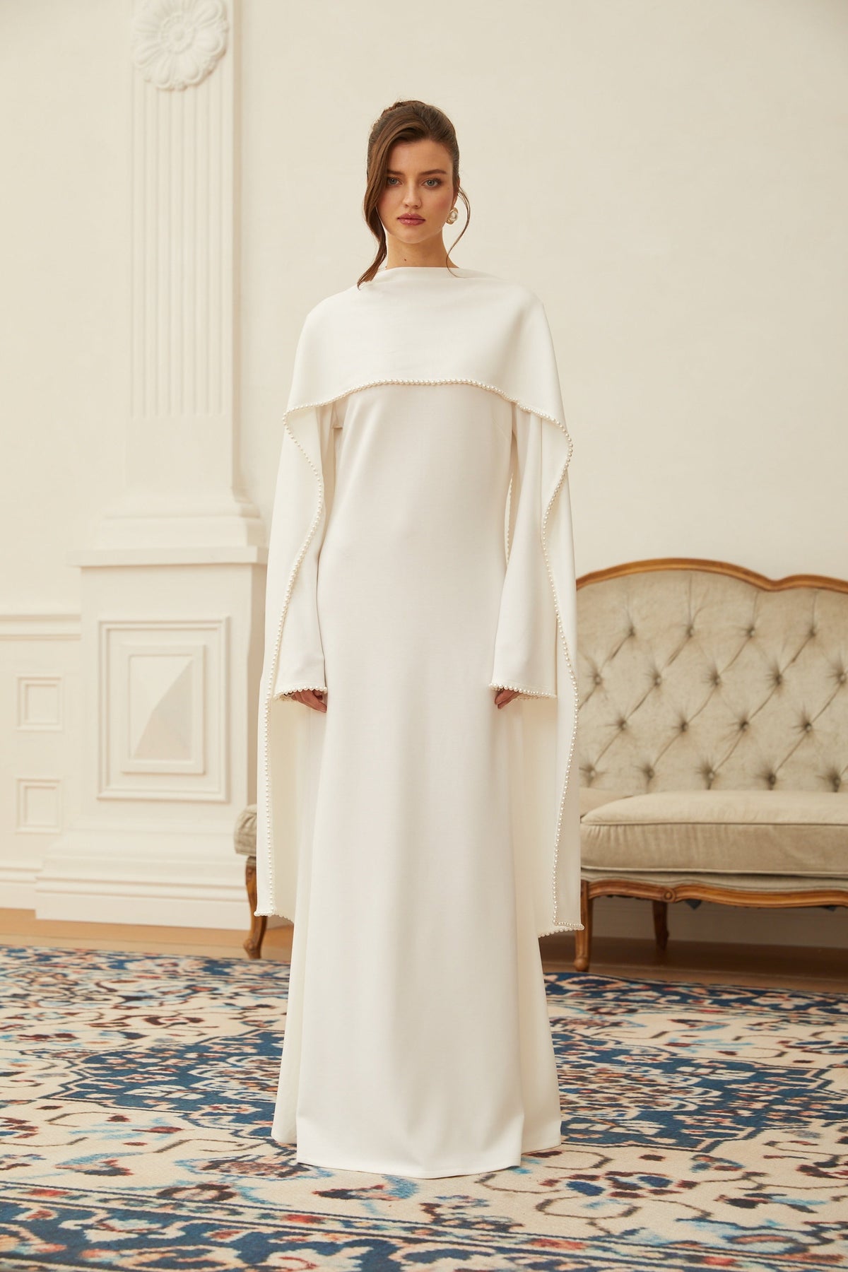 Piroska White Pearl Trim Shawl Detail Maxi Dress