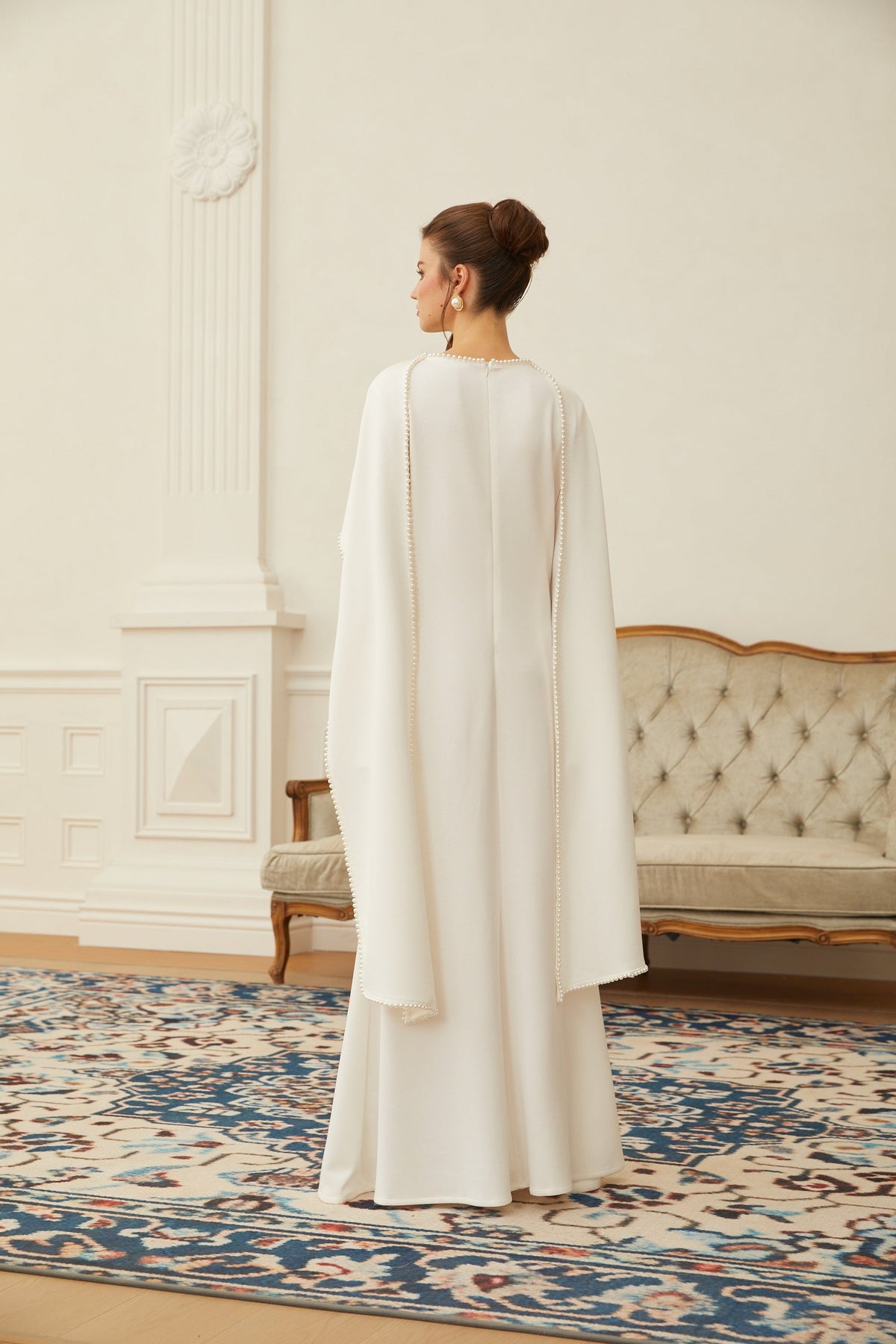 Piroska White Pearl Trim Shawl Detail Maxi Dress