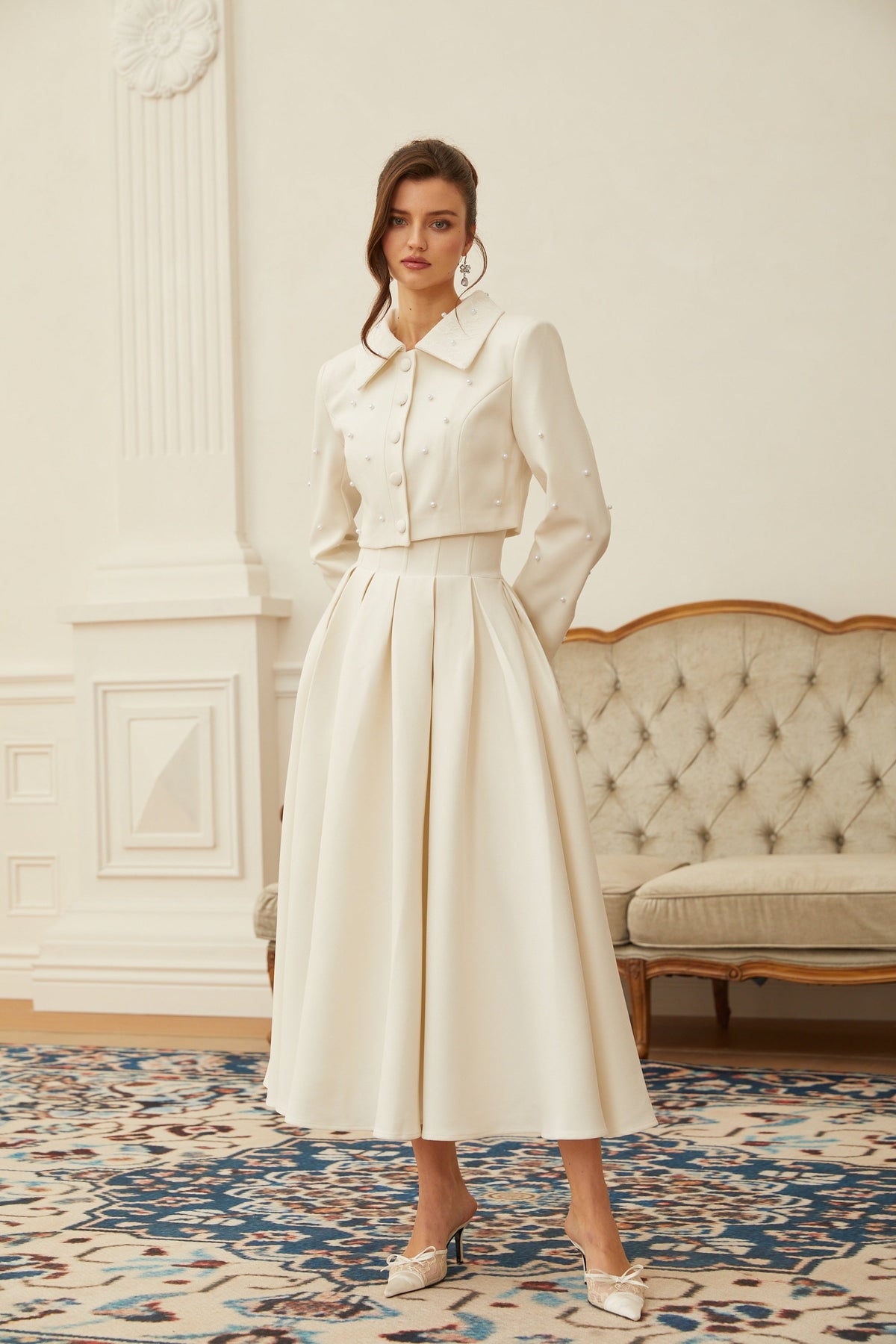 Maja White Faux Pearl Jacket & Pleated Skirt Set