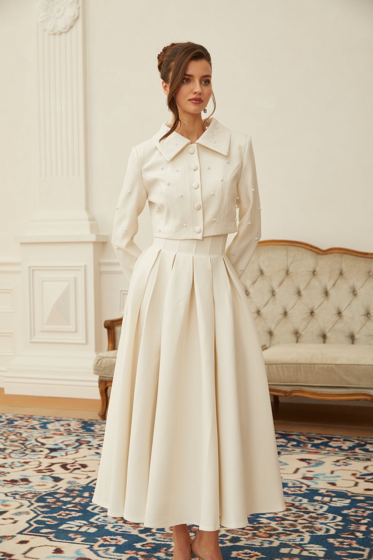 Maja White Faux Pearl Jacket & Pleated Skirt Set