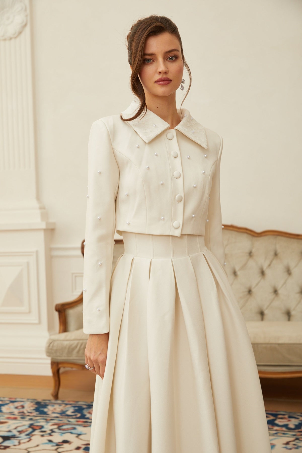 Maja White Faux Pearl Jacket & Pleated Skirt Set