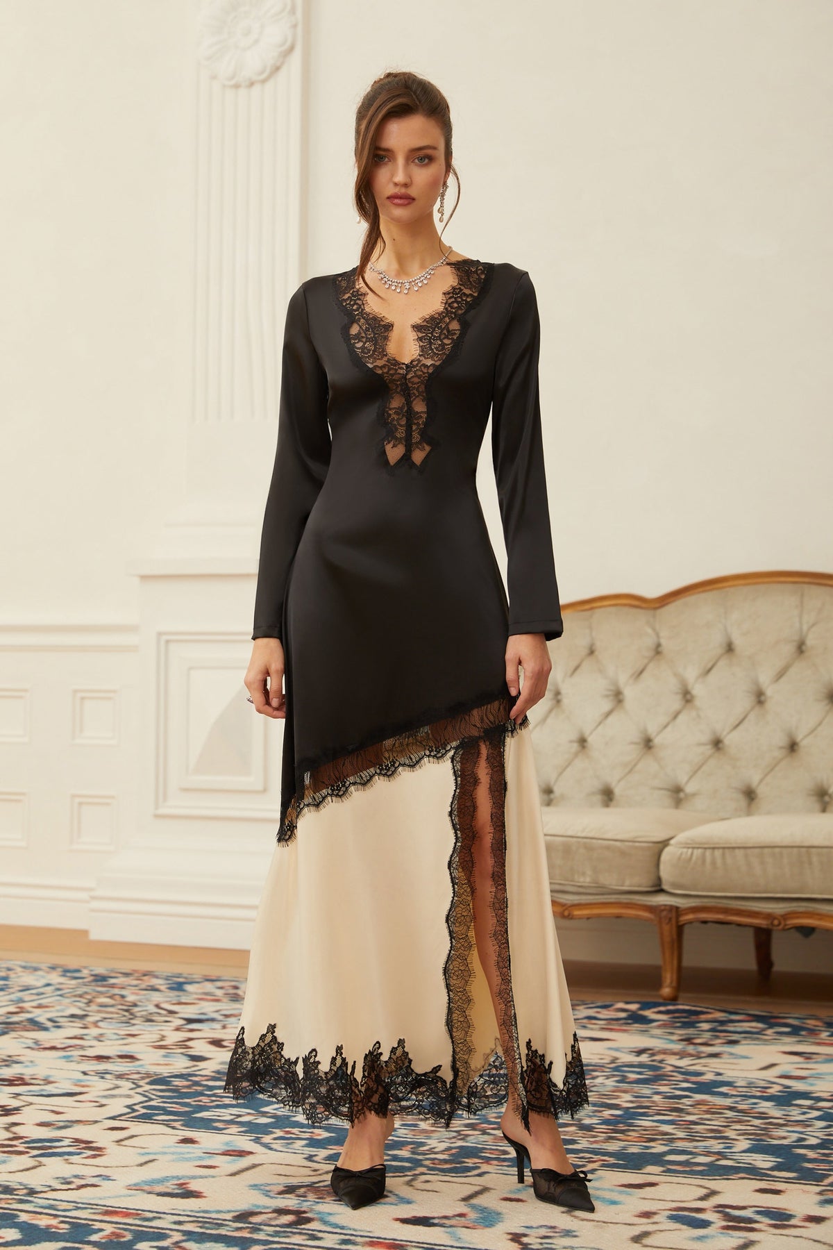 Raphaëlle Neutrals Lace Panel Satin Maxi Dress