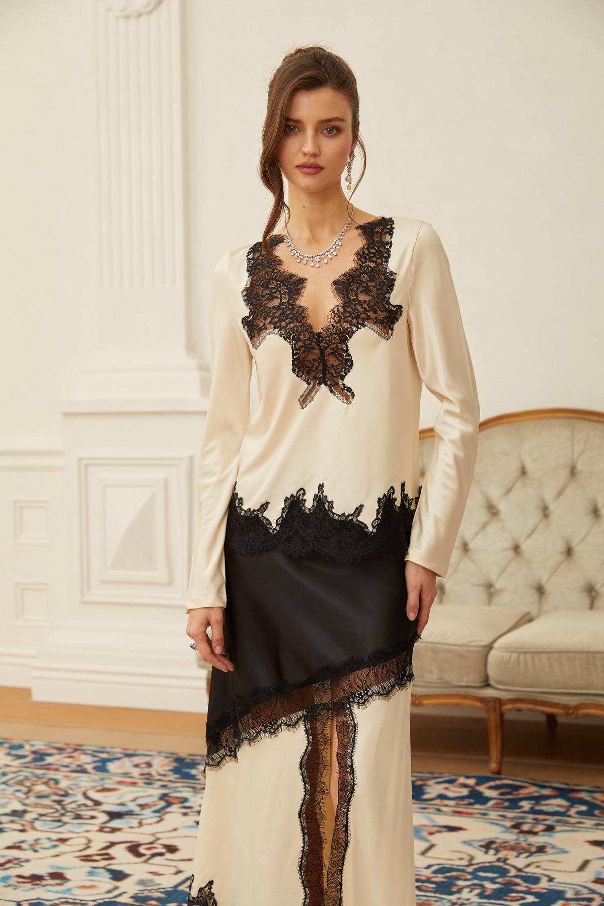 Raphaëlle Neutral Lace Panel Satin Blouse & Skirt Set