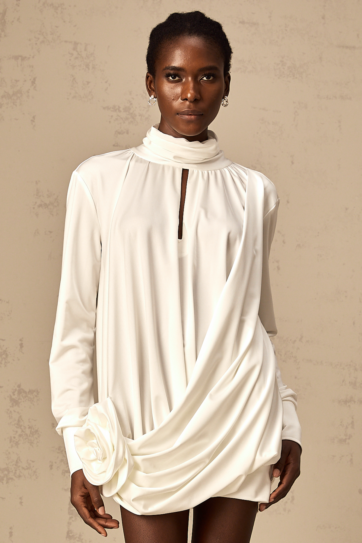Maeva faux-flower ruched mini dress in White (Final Sale-US Only)
