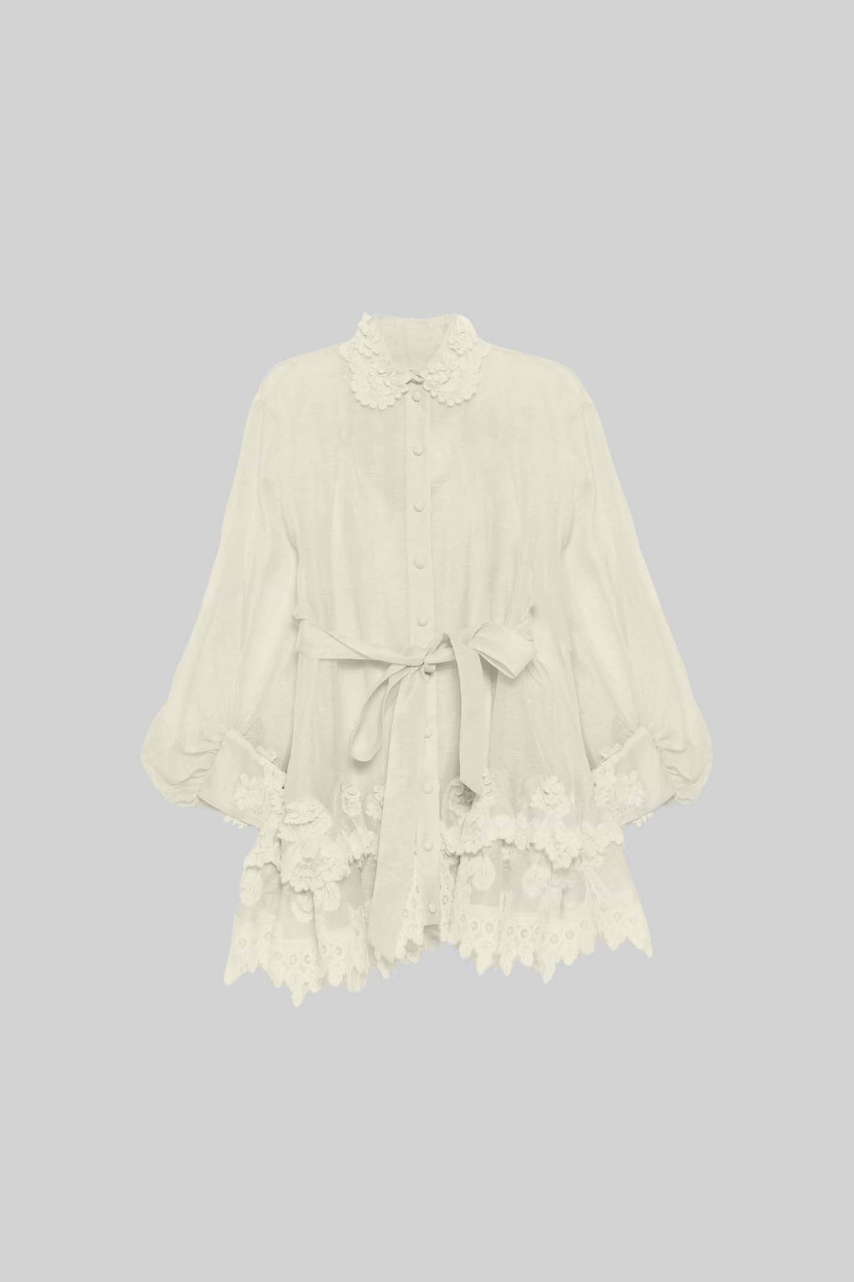 Long-Sleeved Sheer Dress With Tied Waist And Intricate Lace Hem - Ivoire