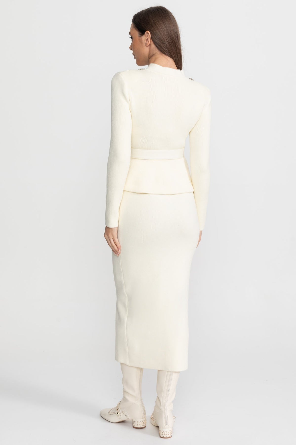 Midi Dress with Peplum Waist and Crystal Collar – Ivoire