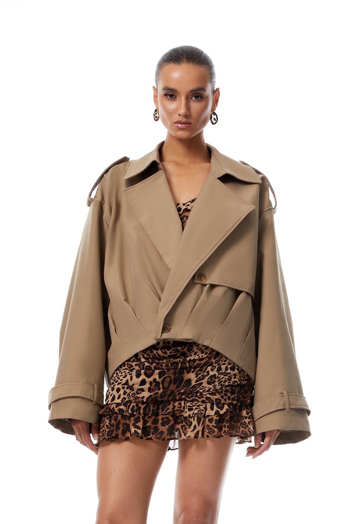 Ariane Khaki Pleated Short Trench Coat