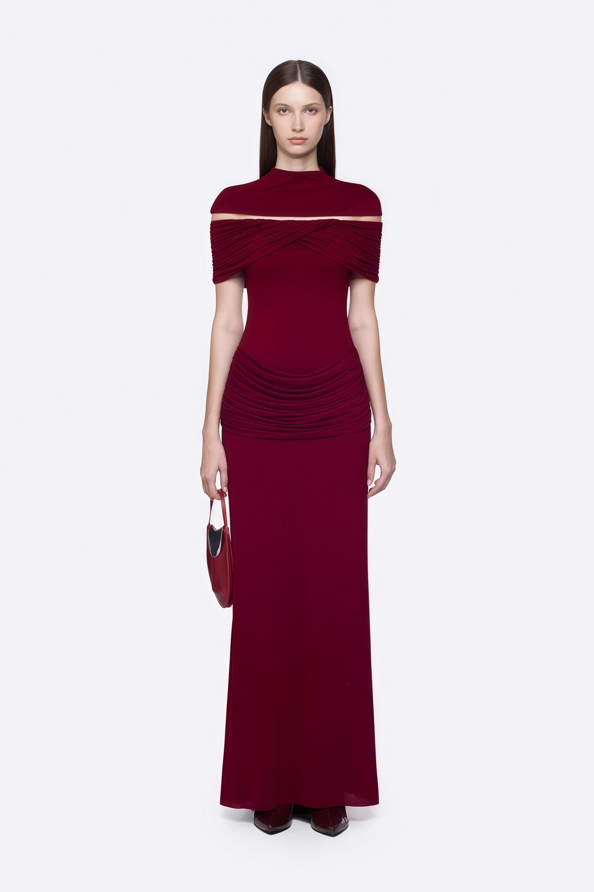 Ylva Red Cape Detail Ruched Maxi Dress