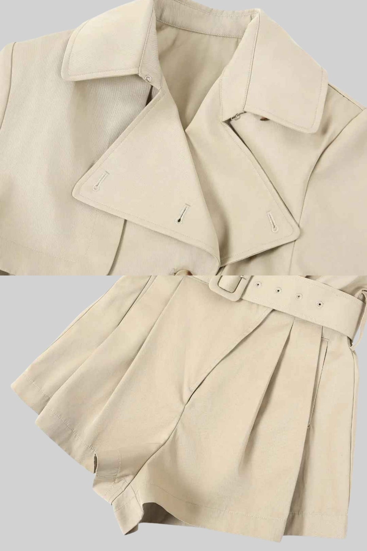 Trench Jacket with Belted Waist and Structured Lapel - Beige