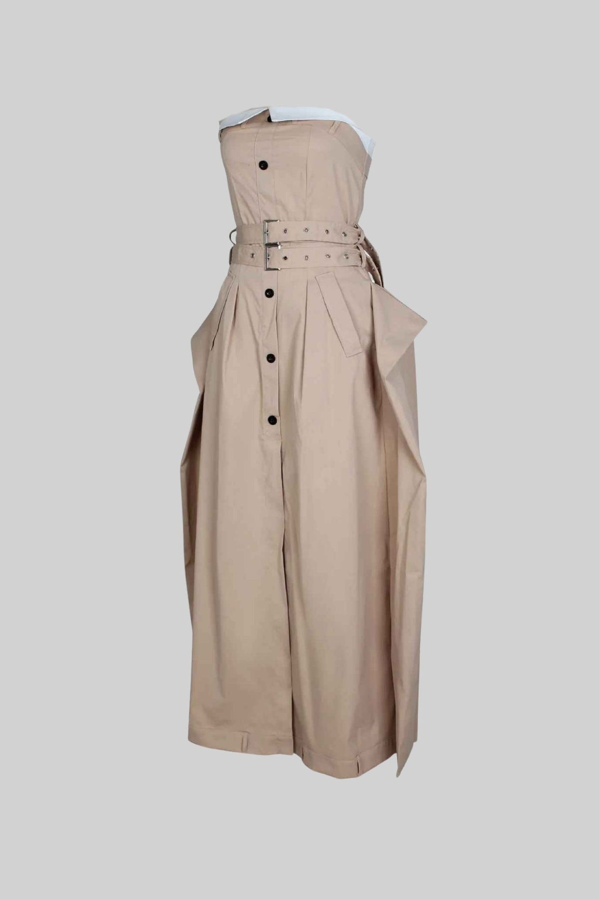 Strapless Trench Dress with Belted Waist and Buttoned Front - Beige