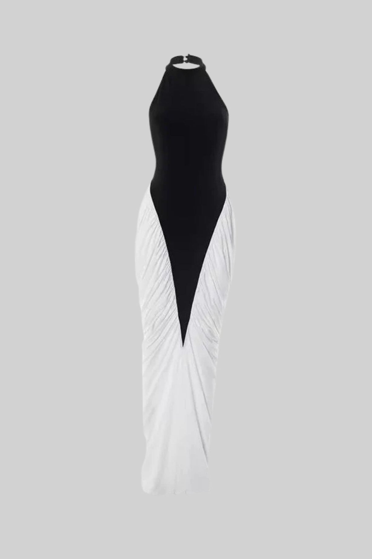 Halter Maxi Dress with Contrasting Ruched Paneling - Black/White
