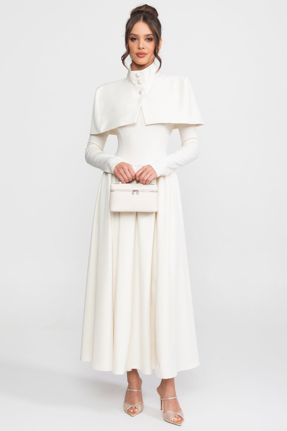 High-Neck Maxi Dress With Attached Capelet And Long Sleeves - White