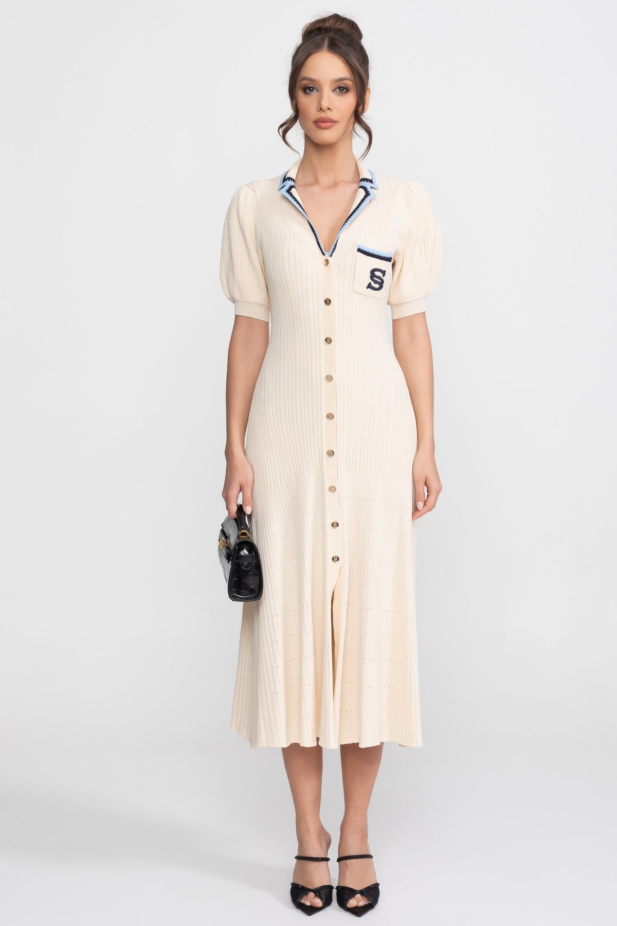 Short Sleeve Knit Midi Dress With Polo Collar And Monogram Patch - Cream