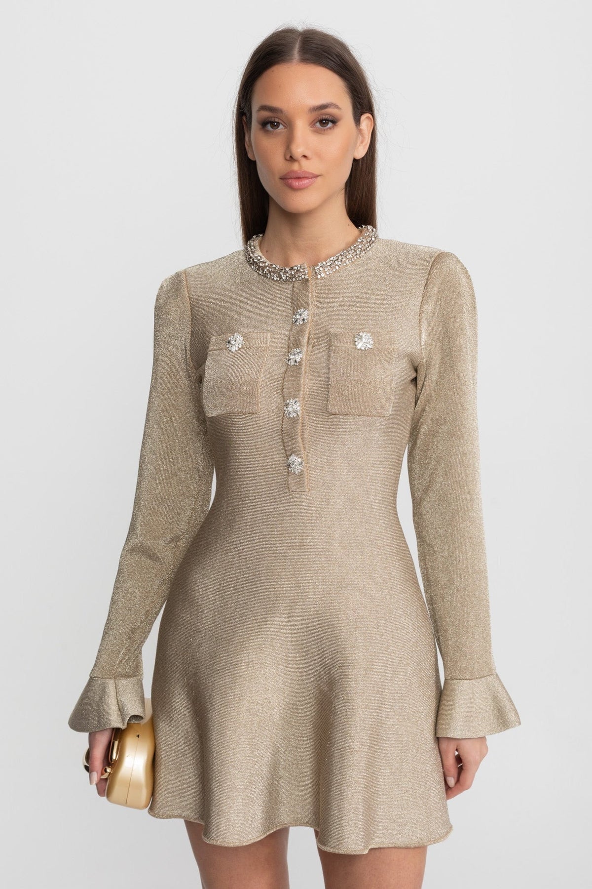 Shimmer Mini Dress with Crystal Button Embellishments – Champagne