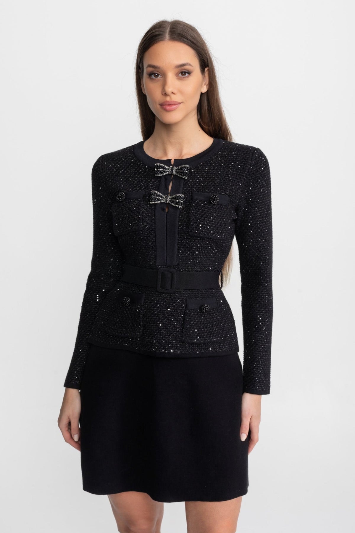 Embellished Tweed Co-Ord Set with Bow Closures And Mini Skirt – Black