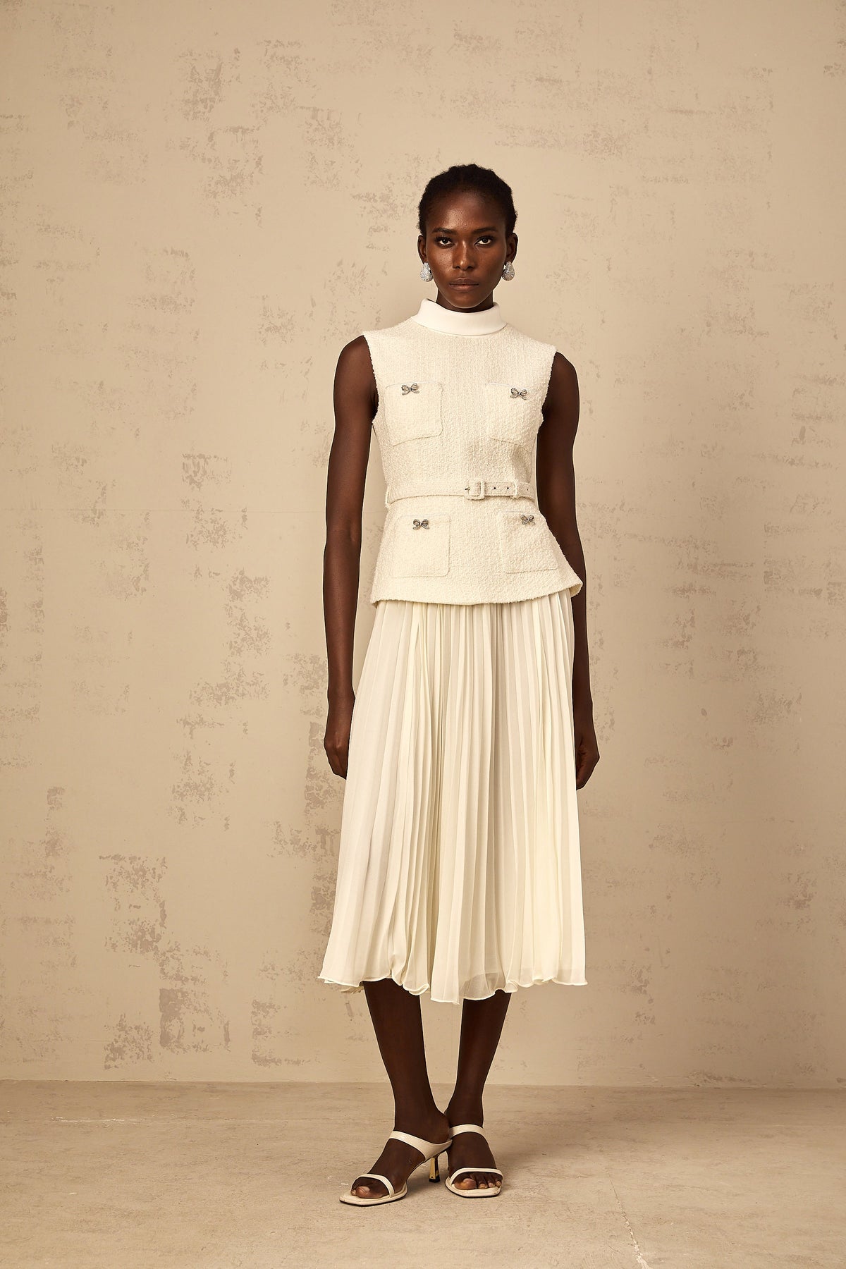 Dulcie Off-White Tulle Panel Tweed Midi Dress (Final Sale-US Only)