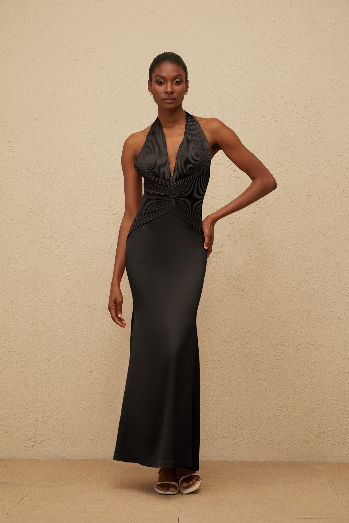 Colette Black Halterneck Ruched Satin Gown - black
