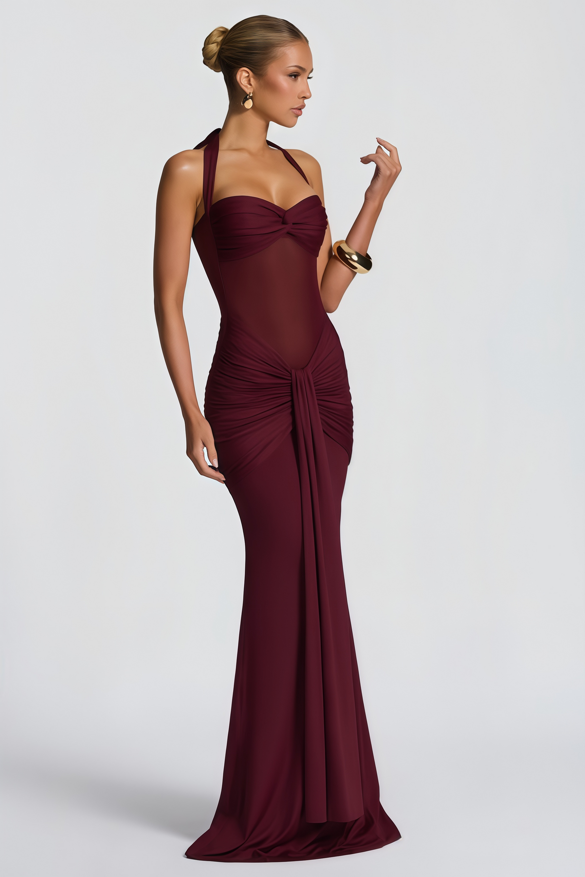 Amandine Burgundy Halterneck Gathered Maxi Dress (Final Sale)