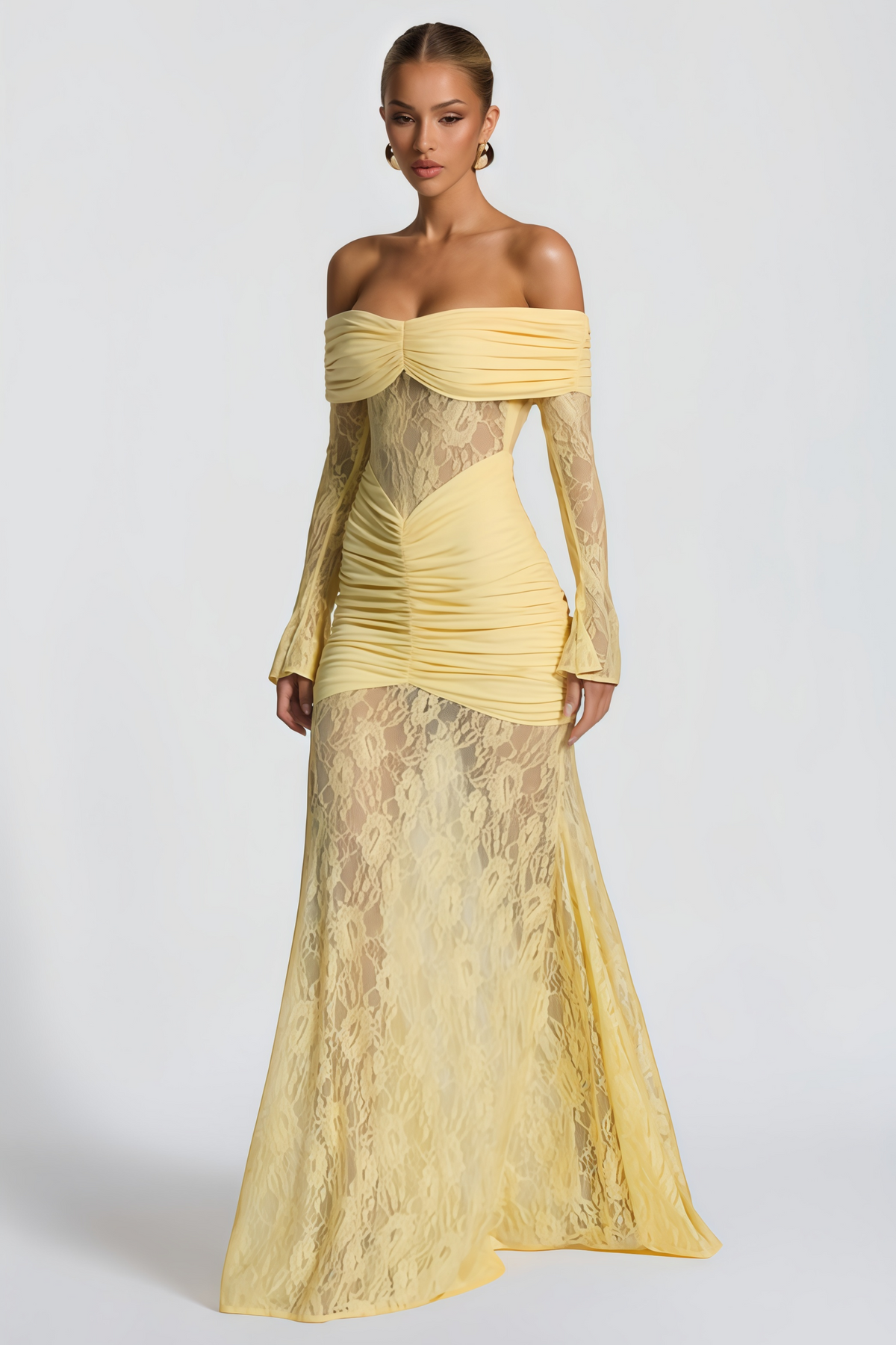 Brigitte Yellow Lace Panel Ruched Maxi Dress