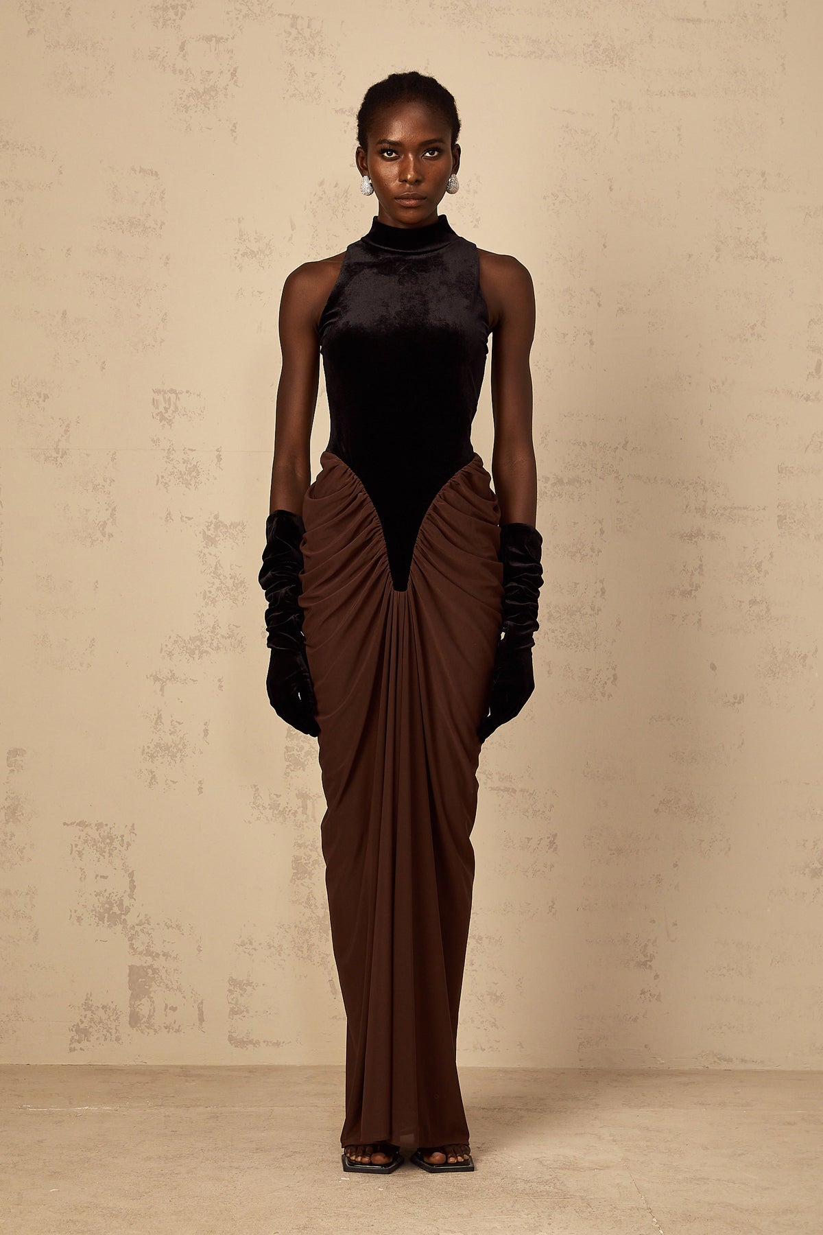 Mathilde brown velvet-panel ruched maxi dress (Final Sale)