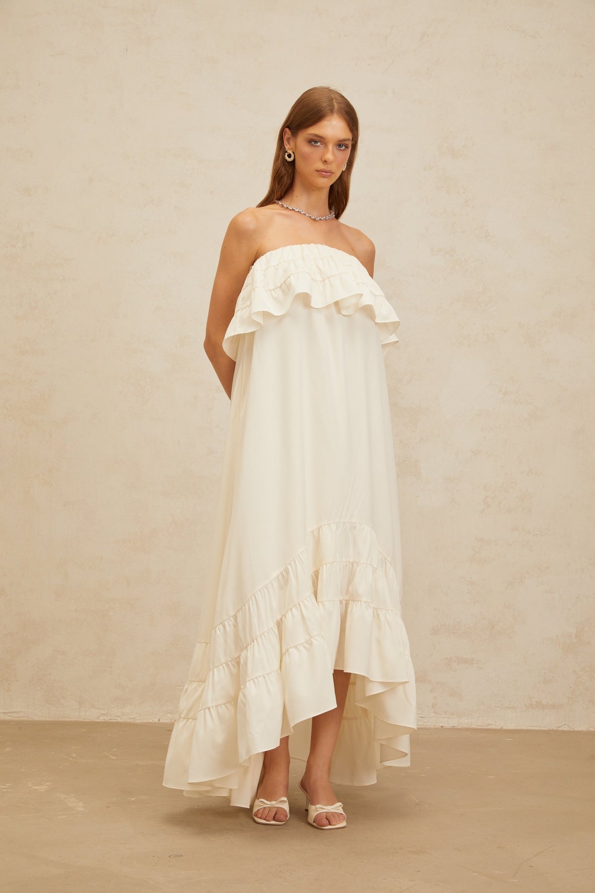 Bénédicte White Vibrant Off Shoulder Shirred Maxi Dress